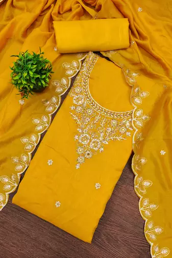 Women's yellow embroidery vichitra cotton dress material