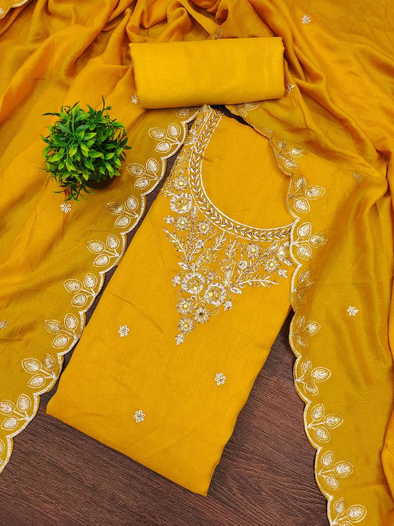 Women's yellow embroidery vichitra cotton dress material