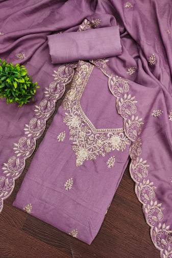 Women's levender embroidery vichitra cotton dress material