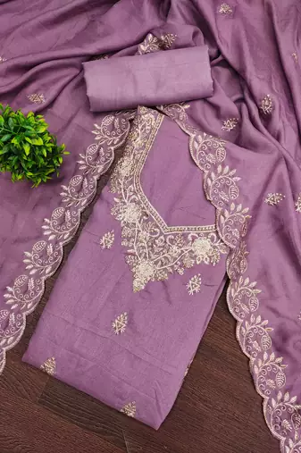 Women's levender embroidery vichitra cotton dress material