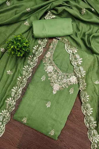 Women's green embroidery vichitra cotton dress material