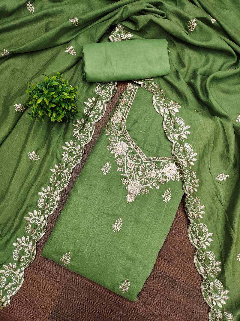 Women's green embroidery vichitra cotton dress material