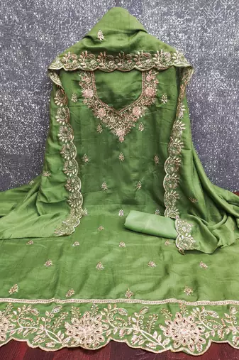  green embroidery vichitra cotton dress material