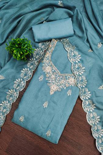 Women's sky blue embroidery vichitra cotton dress material