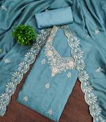 Women's sky blue embroidery vichitra cotton dress material