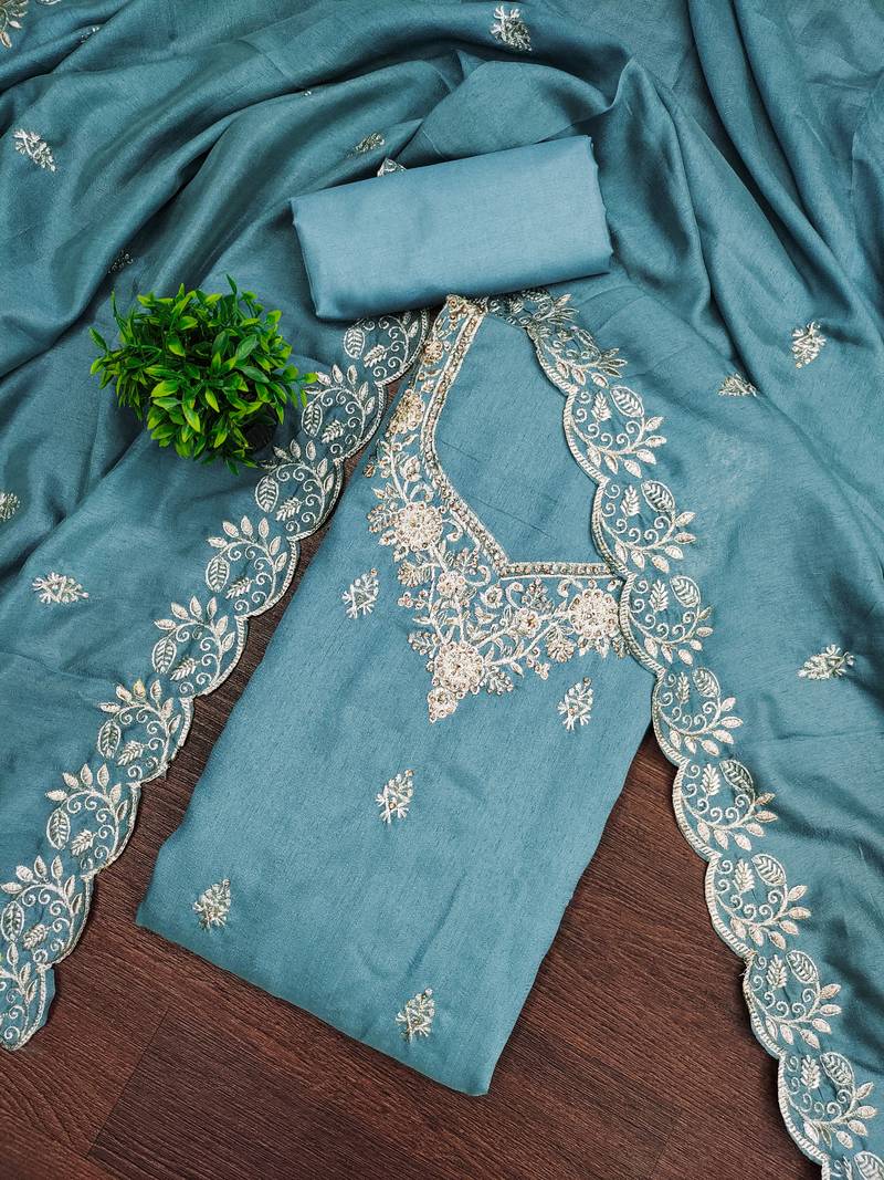 Women's sky blue embroidery vichitra cotton dress material