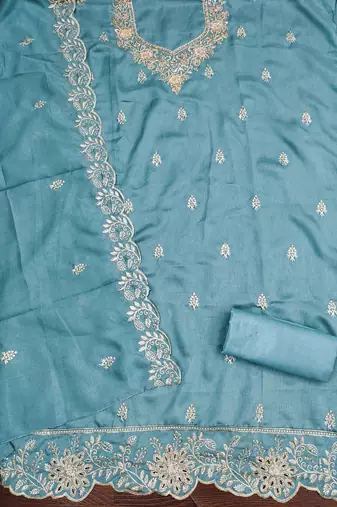  sky blue embroidery vichitra cotton dress material