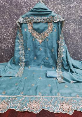  sky blue embroidery vichitra cotton dress material 3