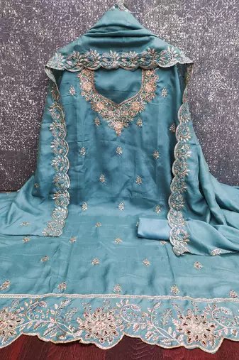  sky blue embroidery vichitra cotton dress material