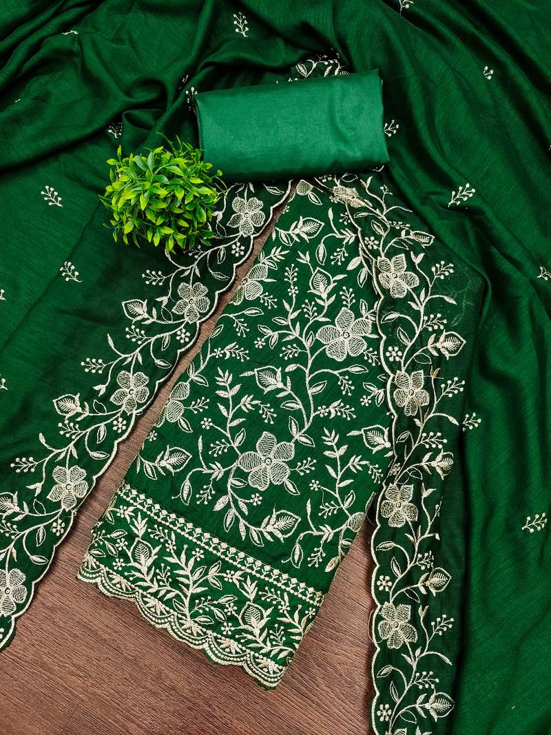 Women's green embroidery vichitra cotton dress material