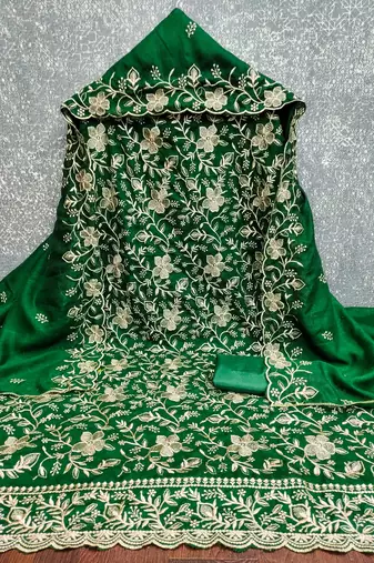  green embroidery vichitra cotton dress material