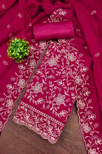 Women's magenta embroidery vichitra cotton dress material