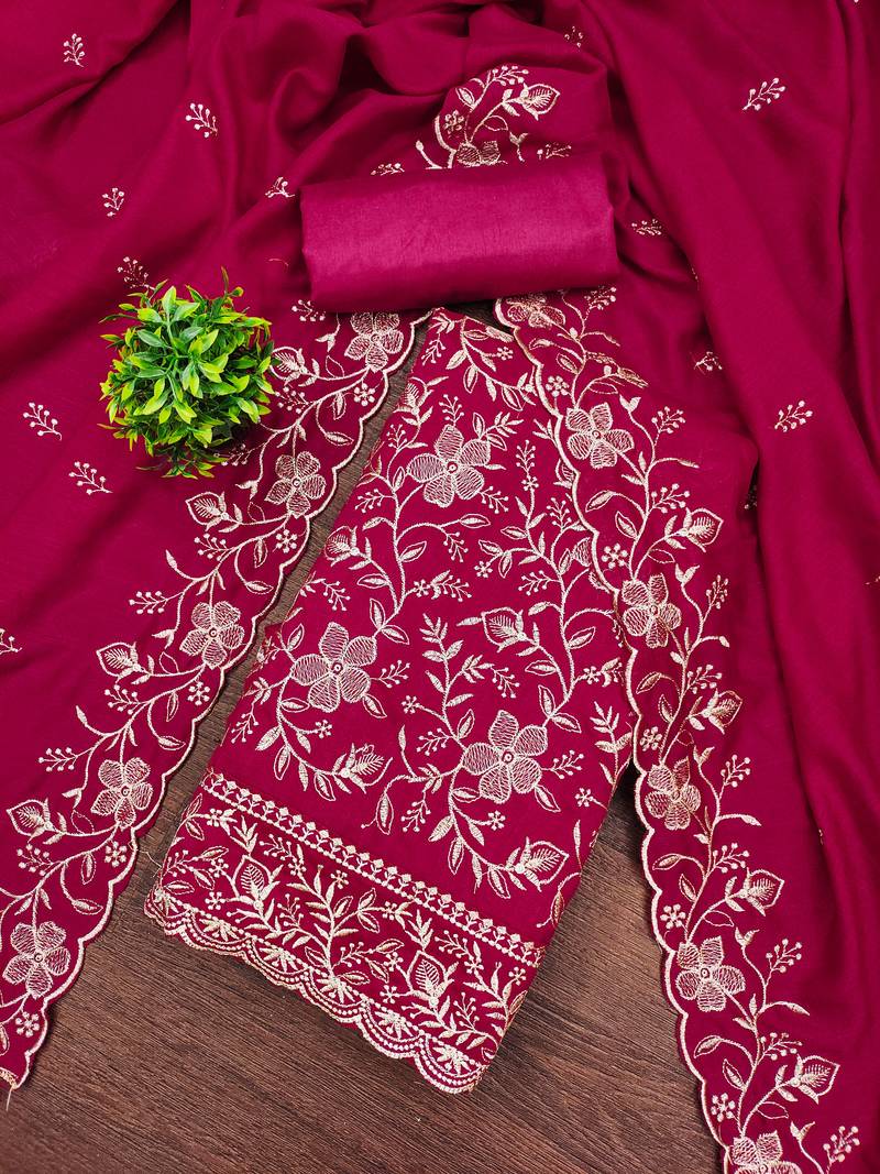 Women's magenta embroidery vichitra cotton dress material