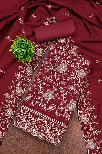 Women's maroon embroidery vichitra cotton dress material