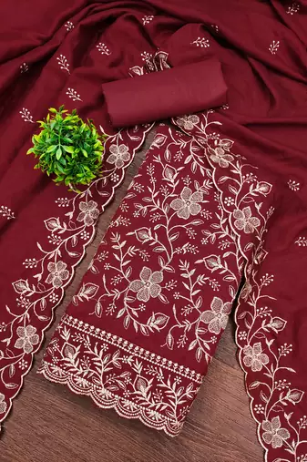 Women's maroon embroidery vichitra cotton dress material