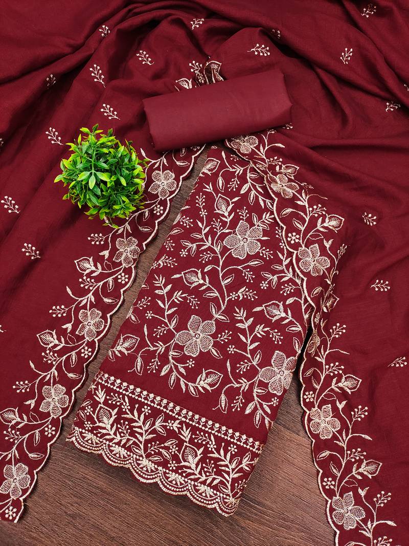 Women's maroon embroidery vichitra cotton dress material