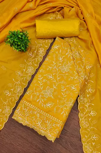 Women's yellow embroidery vichitra cotton dress material