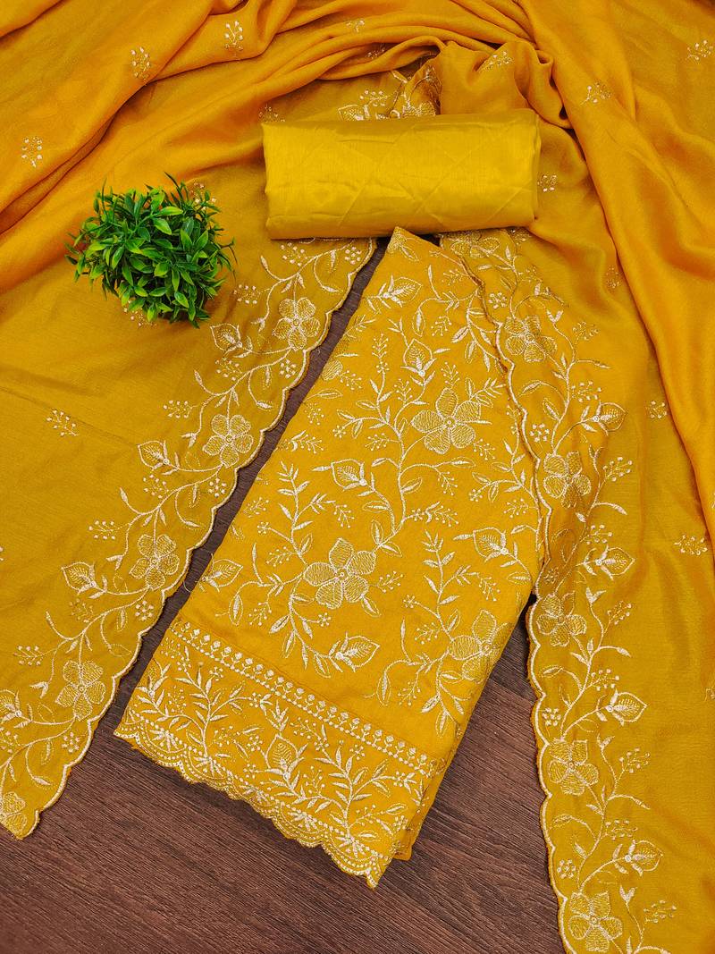 Women's yellow embroidery vichitra cotton dress material