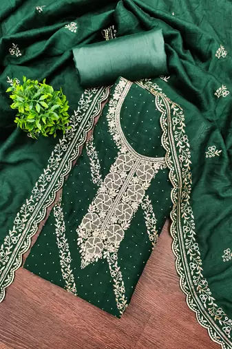 Women's green embroidery vichitra cotton dress material