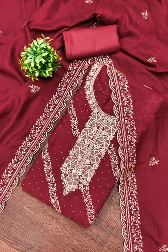 Women's maroon embroidery vichitra cotton dress material