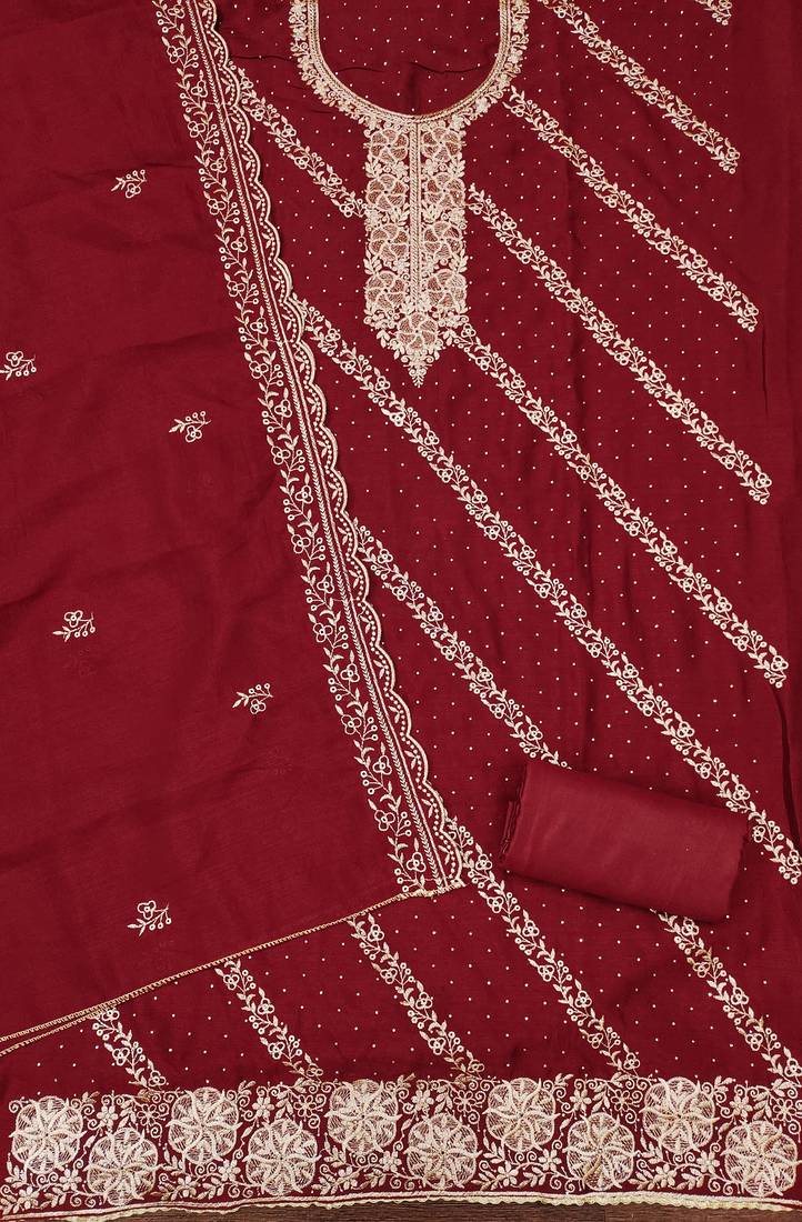 Women's maroon embroidery vichitra cotton dress material