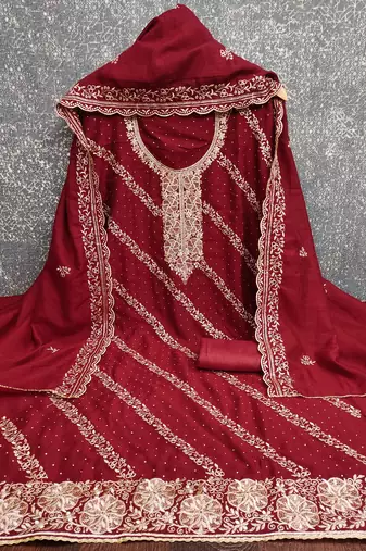  maroon embroidery vichitra cotton dress material