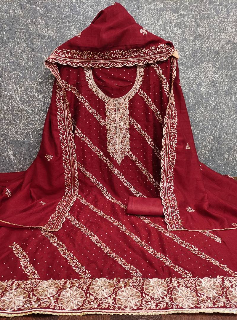 Women's maroon embroidery vichitra cotton dress material
