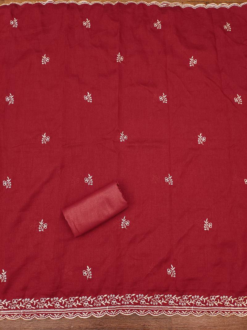 Women's maroon embroidery vichitra cotton dress material
