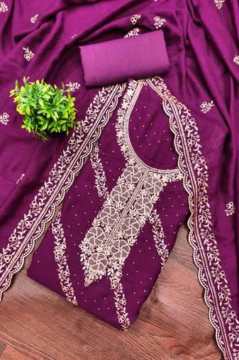 Women's purple embroidery vichitra cotton dress material