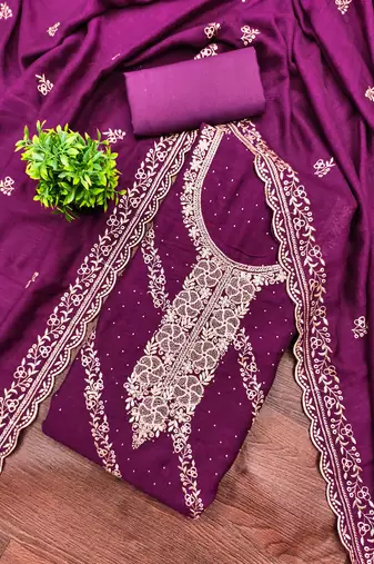 Women's purple embroidery vichitra cotton dress material