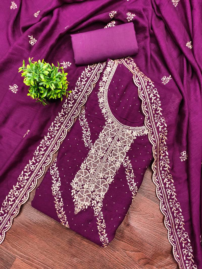 Women's purple embroidery vichitra cotton dress material
