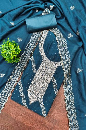 Women's blue embroidery vichitra cotton dress material