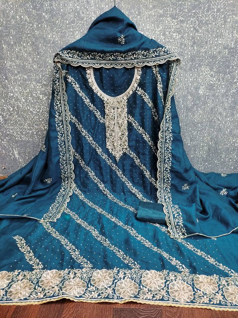 Women's blue embroidery vichitra cotton dress material