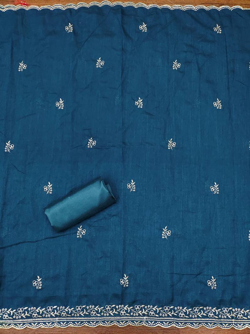 Women's blue embroidery vichitra cotton dress material