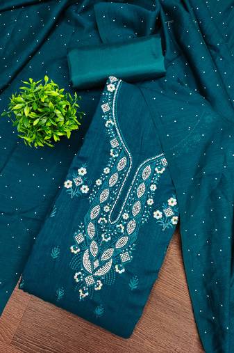 Women's blue embroidery vichitra cotton dress material