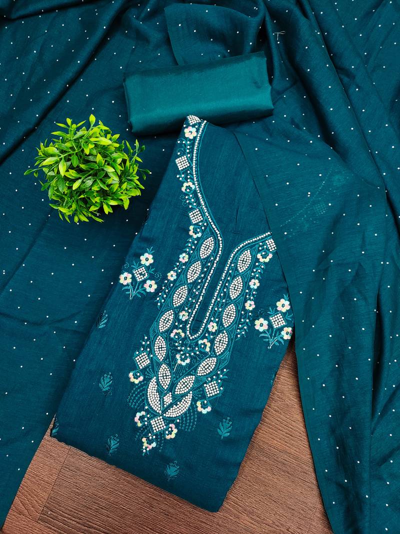 Women's blue embroidery vichitra cotton dress material