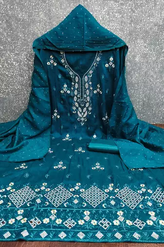  blue embroidery vichitra cotton dress material