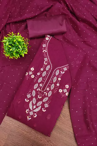 Women's magenta embroidery vichitra cotton dress material