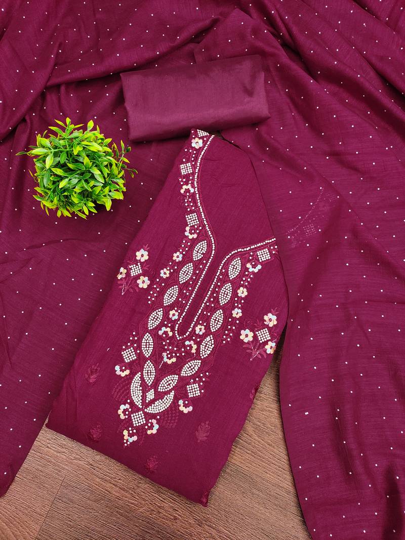 Women's magenta embroidery vichitra cotton dress material