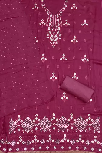  magenta embroidery vichitra cotton dress material