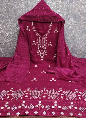  magenta embroidery vichitra cotton dress material 3