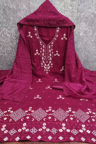  magenta embroidery vichitra cotton dress material