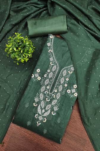 Women's green embroidery vichitra cotton dress material