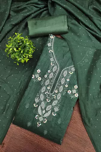 Women's green embroidery vichitra cotton dress material