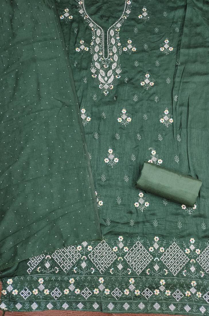 Women's green embroidery vichitra cotton dress material