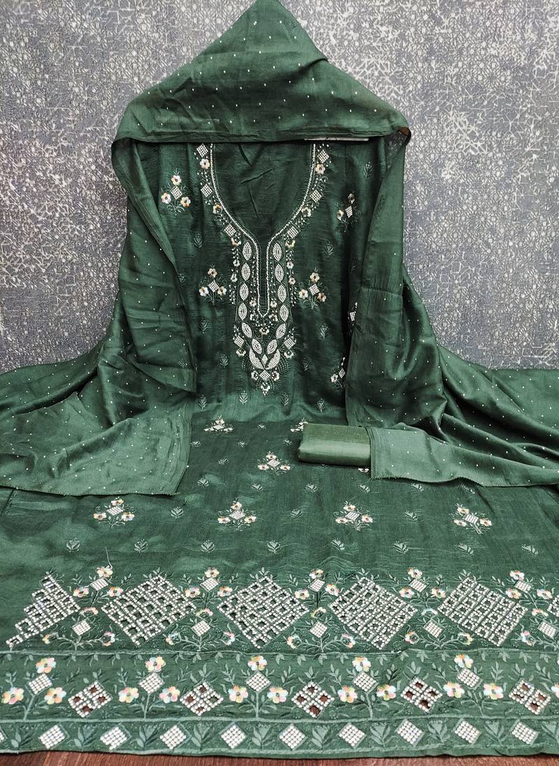Women's green embroidery vichitra cotton dress material