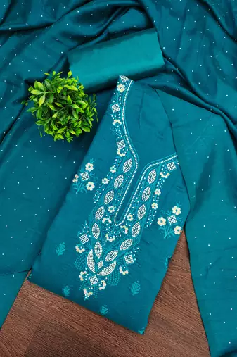 Women's blue embroidery vichitra cotton dress material
