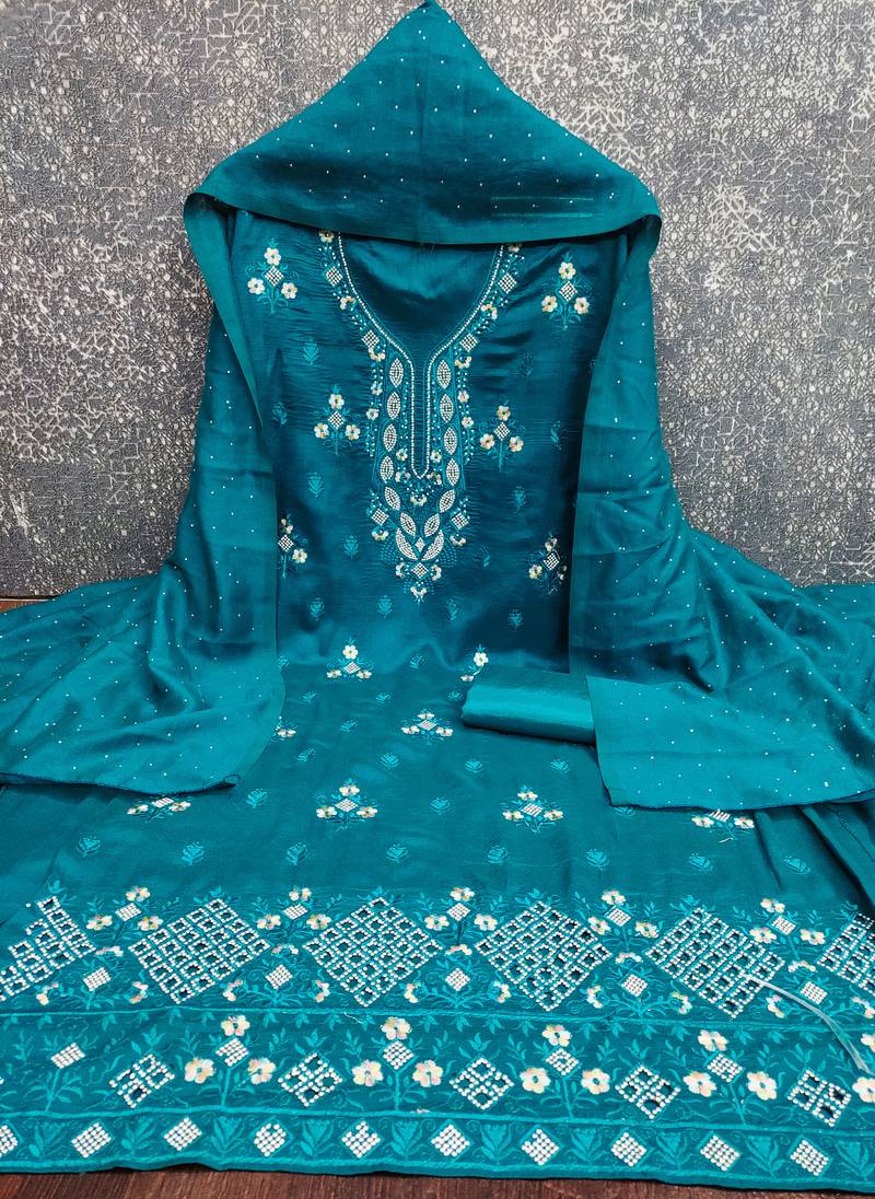 Women's blue embroidery vichitra cotton dress material