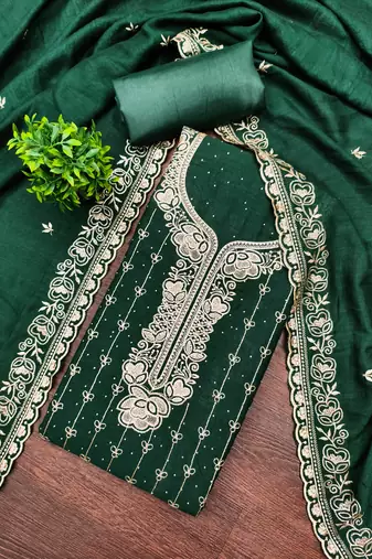 Women's green embroidery vichitra cotton dress material