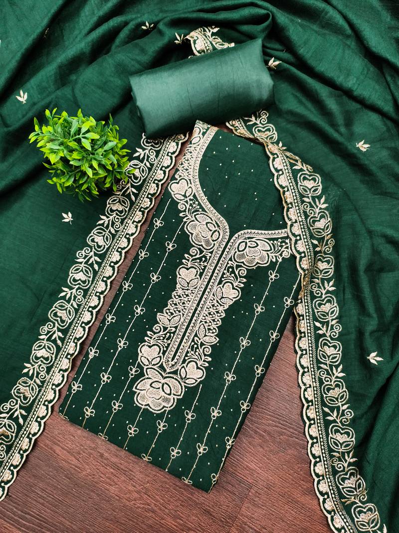 Women's green embroidery vichitra cotton dress material